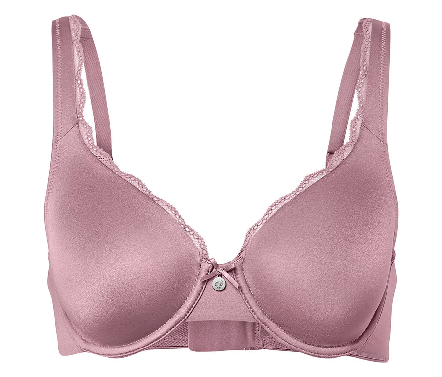 Detailaufnahme eines hellvioletten BHs mit Spitze.