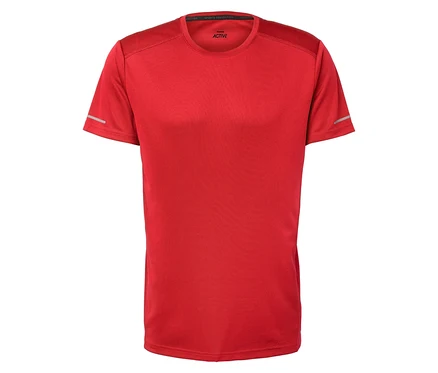 Ein rotes Kurzarm-T-Shirt auf weißem Hintergrund.