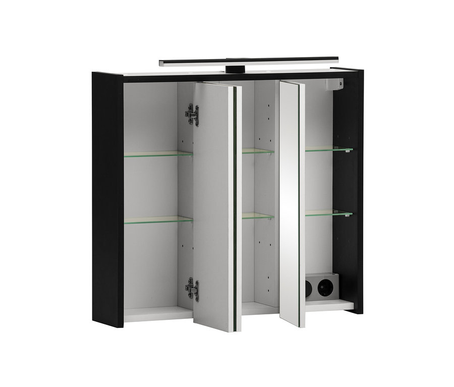 Offener, mattschwarzer Spiegelschrank »Emmik« mit Glasböden.