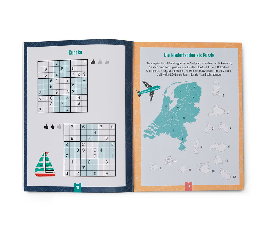 Offenes Buch »Sonnige Reise Rätsel« mit Sudoku-Rätseln und einer Karte der Niederlande.
