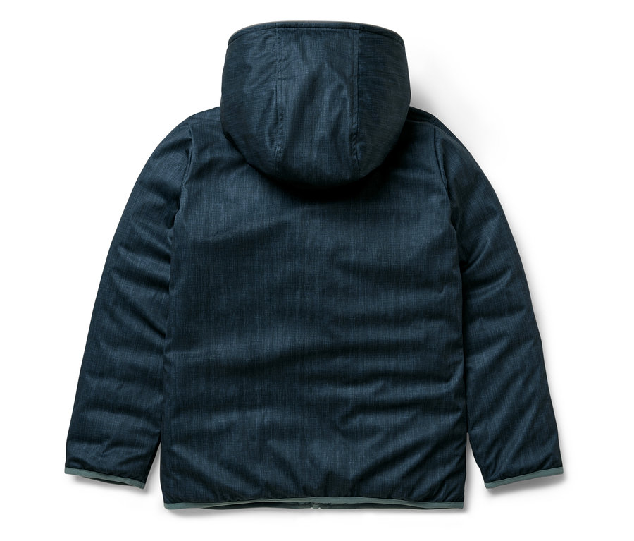 Blaue 2-in-1 Kinder Softshell- und Steppjacke von hinten.