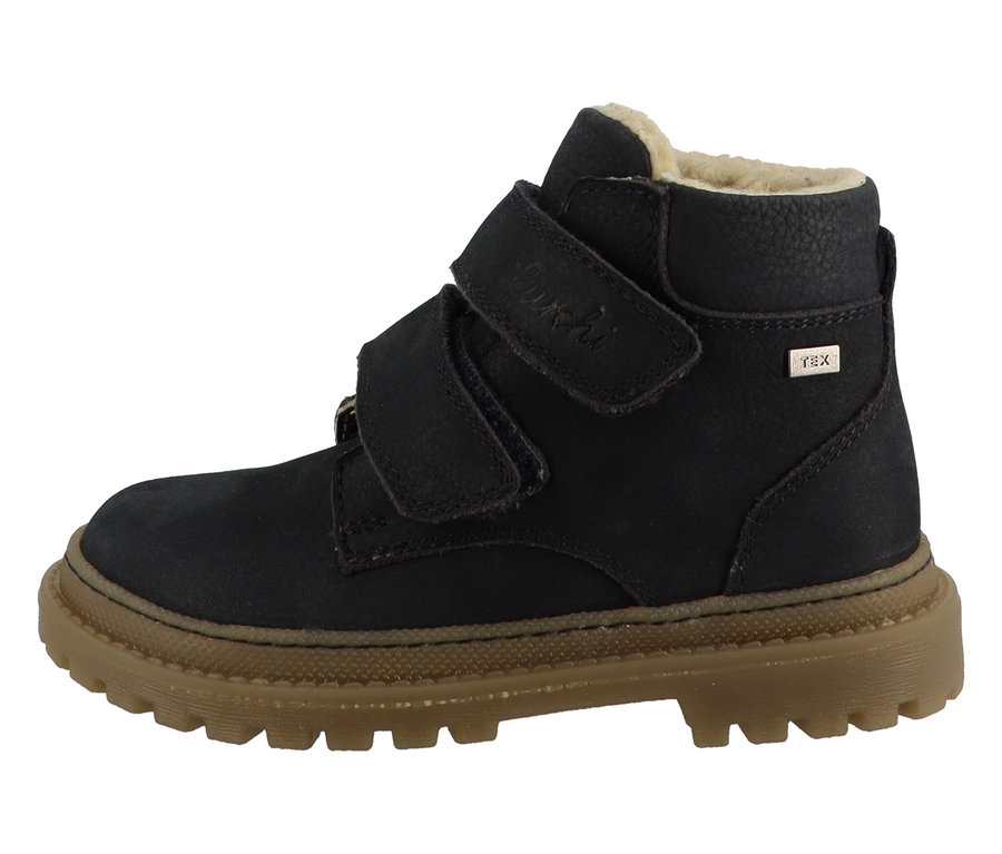 Marineblauer LURCHI »Daniele-TEX« Kinder-Stiefel mit brauner Sohle und Klettverschluss.