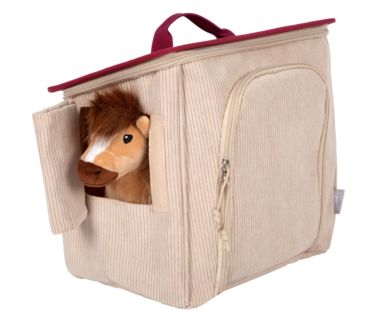 Plüschpferd schaut aus dem small foot Spiel-Set Pferd mit Stall.