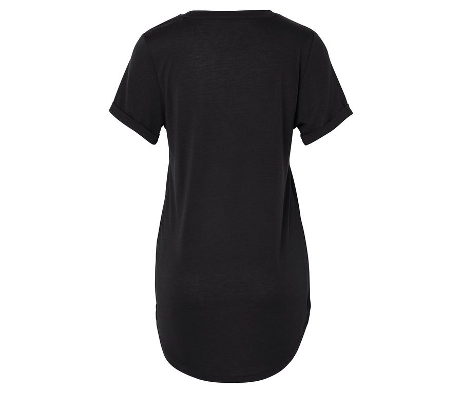 Rückansicht eines schwarzen T-Shirts mit kurzen Ärmeln.