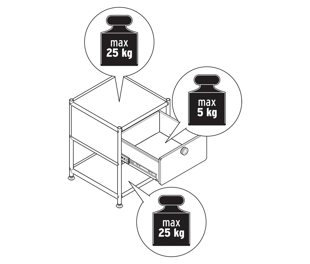 Draufsicht auf einen Metall-Beistelltisch »CN3« mit einer offenen Schublade, wobei das maximale Gewicht auf Ober- und Unterseite 25 kg und in der Schublade 5 kg beträgt.