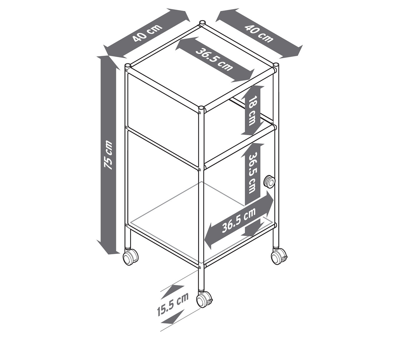 Draufsicht eines Rollcontainers mit den Massen 40 x 36.5 x 75 cm.