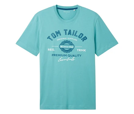 Hellblaues T-Shirt mit Aufdruck "Tom Tailor Original Supplies" und dem Schriftzug "Premium Quality Essentials".