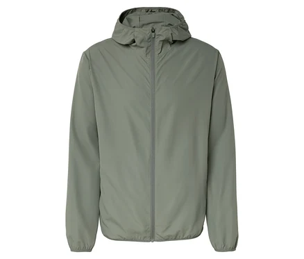 Graue Kapuzenjacke mit Reißverschluss.