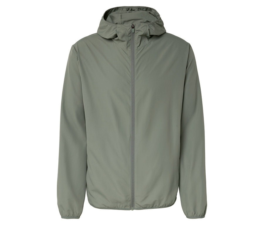 Graue Kapuzenjacke mit Reißverschluss.
