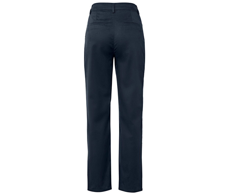 Rückansicht einer dunkelblauen Hose mit geradem Bein.