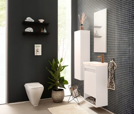 Badezimmer mit Toilette, Waschtisch, Spiegel und Regalen an einer dunklen Wand.