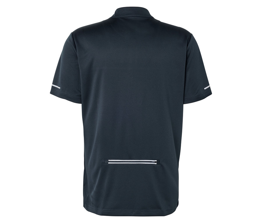 Dunkelblaues Kurzarmtrikot mit Reißverschluss am Kragen und reflektierenden Streifen am Ärmel und am unteren Rücken.