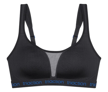 Schwarzer Sport-BH mit Mesh-Einsatz und blauem 'Traction'-Schriftzug auf dem Unterbrustband.
