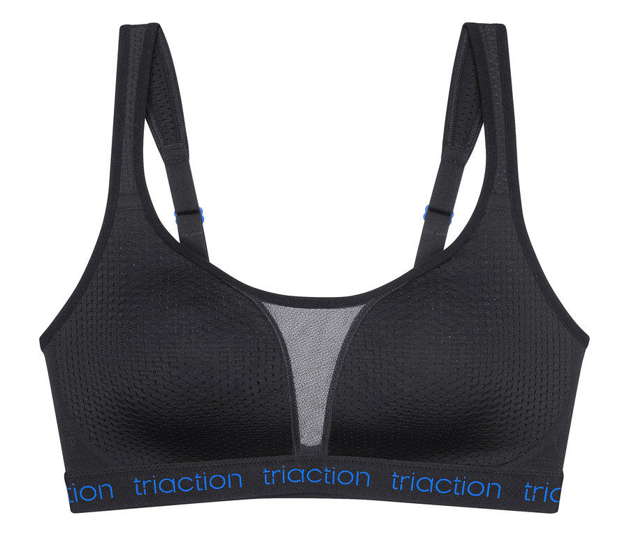 Schwarzer Sport-BH mit Mesh-Einsatz und blauem 'Traction'-Schriftzug auf dem Unterbrustband.
