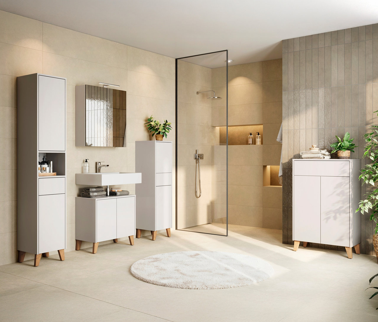 Badezimmer-Interieur mit weißen Badezimmermöbeln, Waschbecken, Spiegel und Dusche.