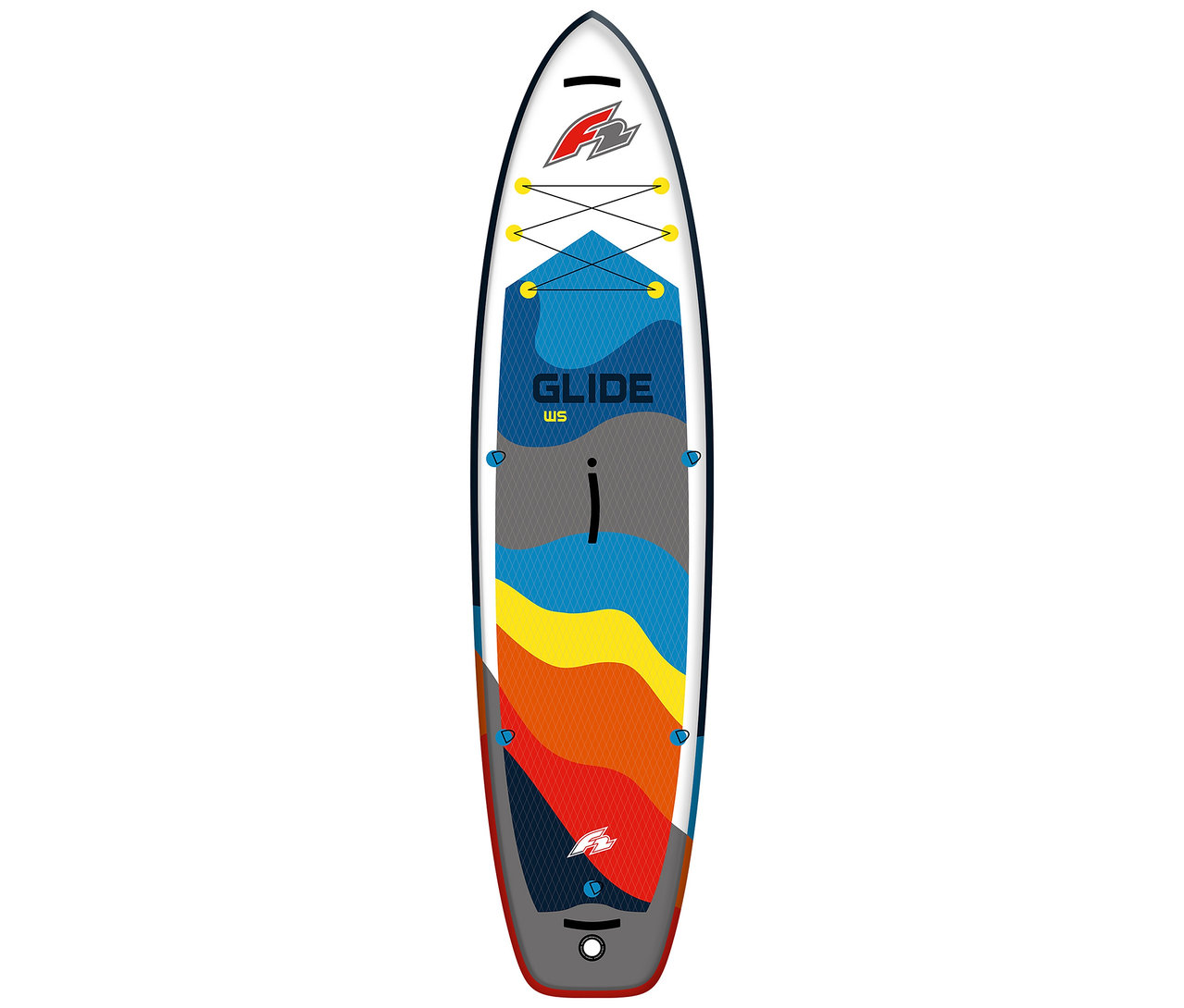 Das F2 SUP Board »Glide Wing« ist weiß mit blauen, grauen, gelben, orangen und roten Farbakzenten.