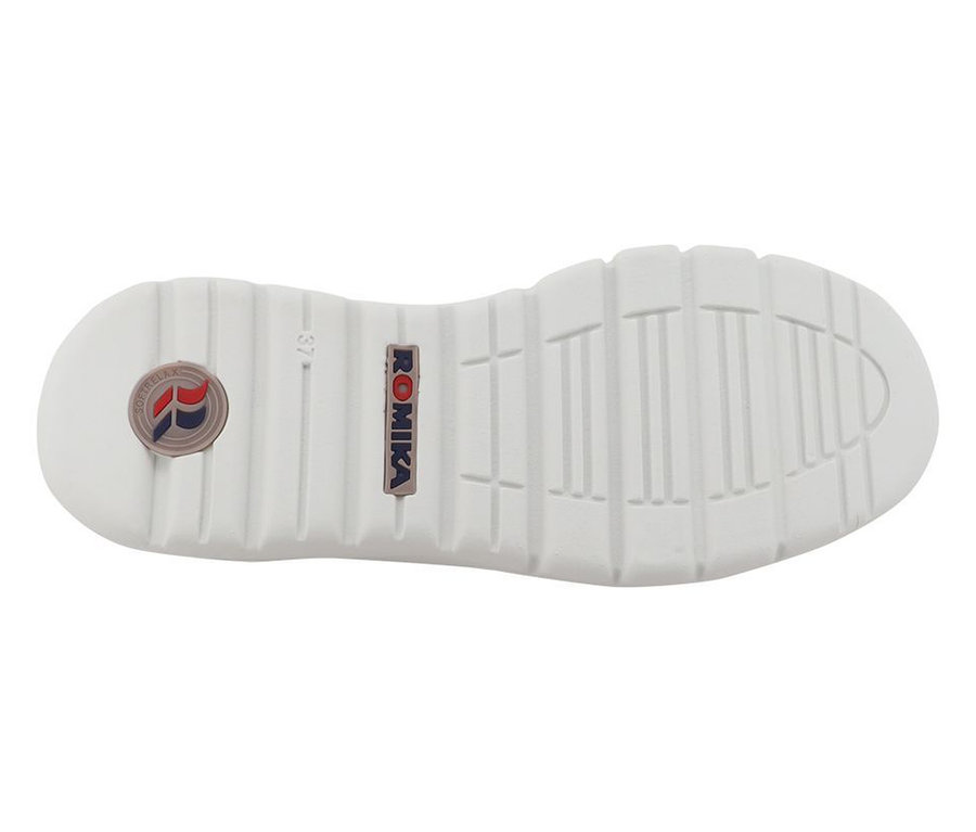 Weiße Sohle eines Romika Slippers mit gerilltem Profil, Größe 37 und Softflex-Logo.