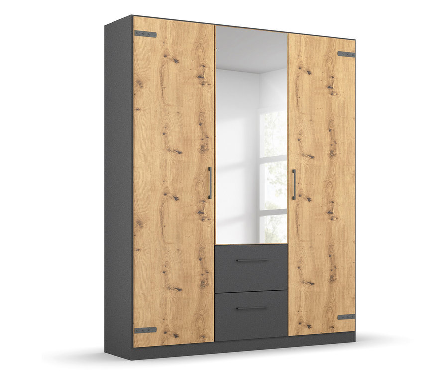 Dreitüriger rauch Drehtürenschrank »Butte« mit zwei Schubladen und mittiger Spiegeltür.