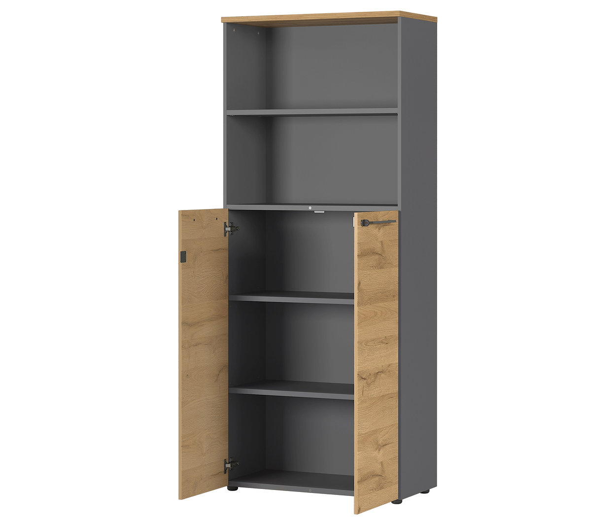 Grauer Aktenschrank »Agenda« mit zwei offenen Fächern und zwei Türen, von denen eine geöffnet ist.