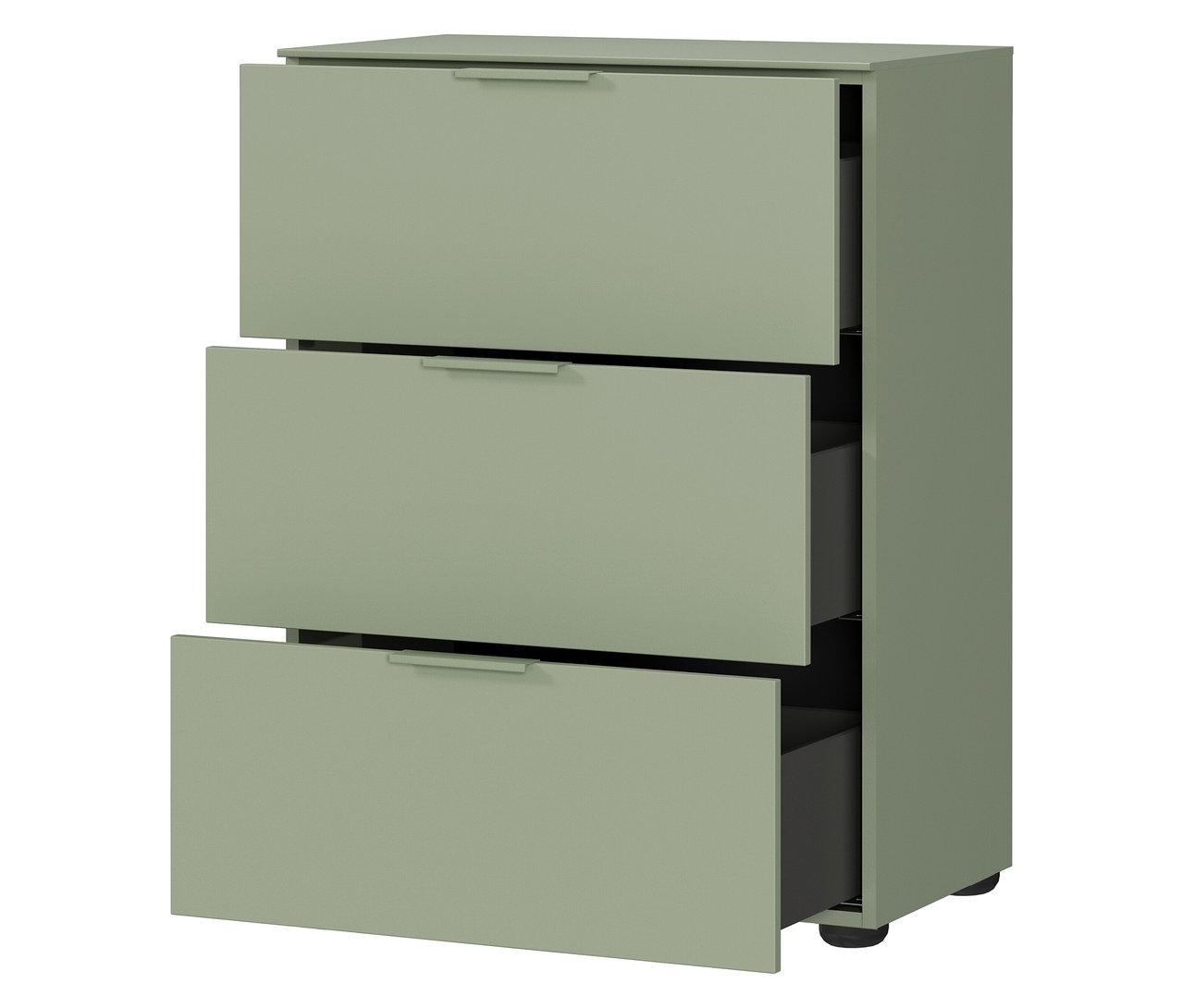 Kleine, taupegrüne Kommode »Savoca« mit drei Schubladen, von denen die oberste und unterste geöffnet sind.