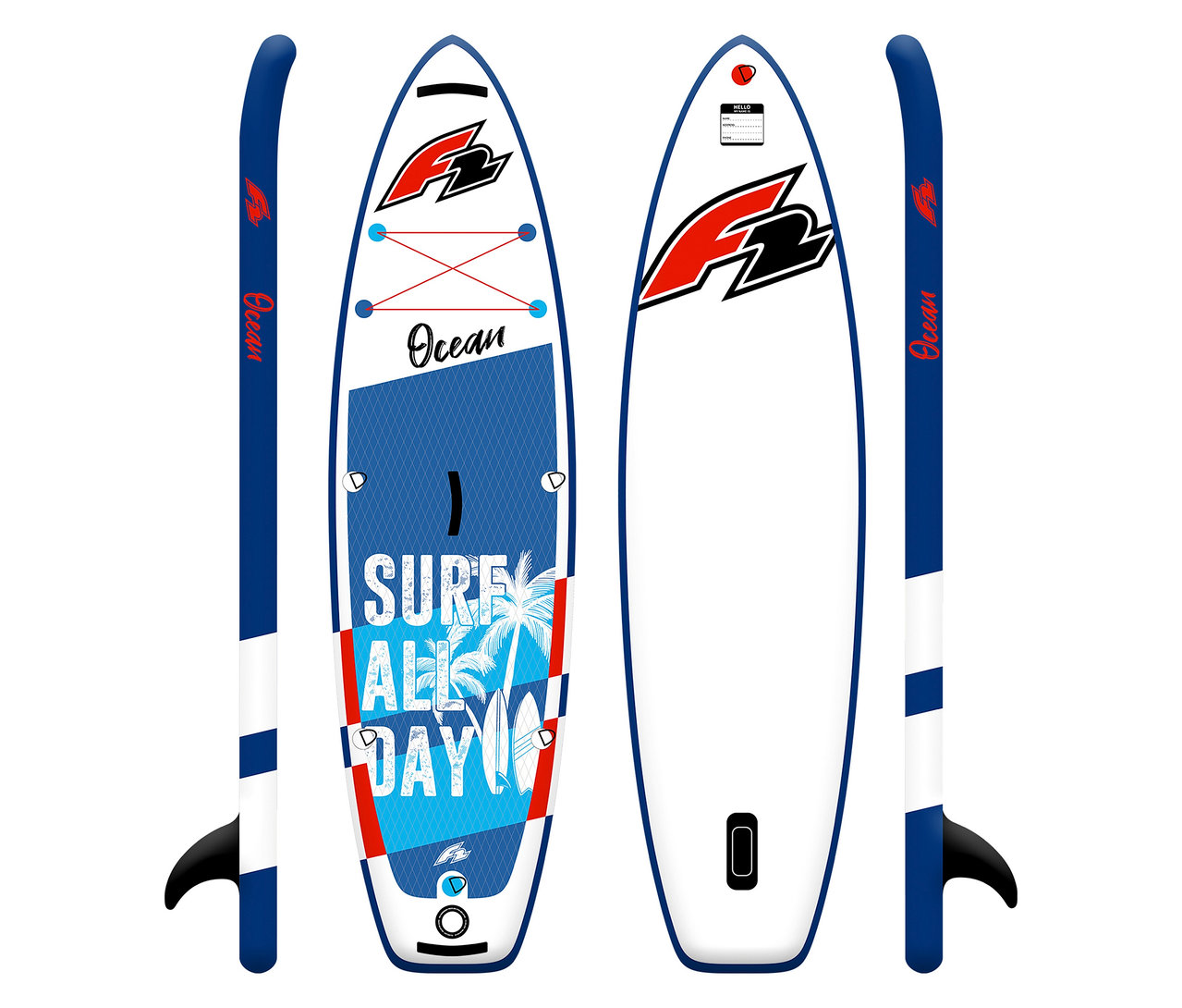 Drei Ansichten des F2 SUP Board »Ocean Boy« mit blau-weißem Design und rotem Logo.