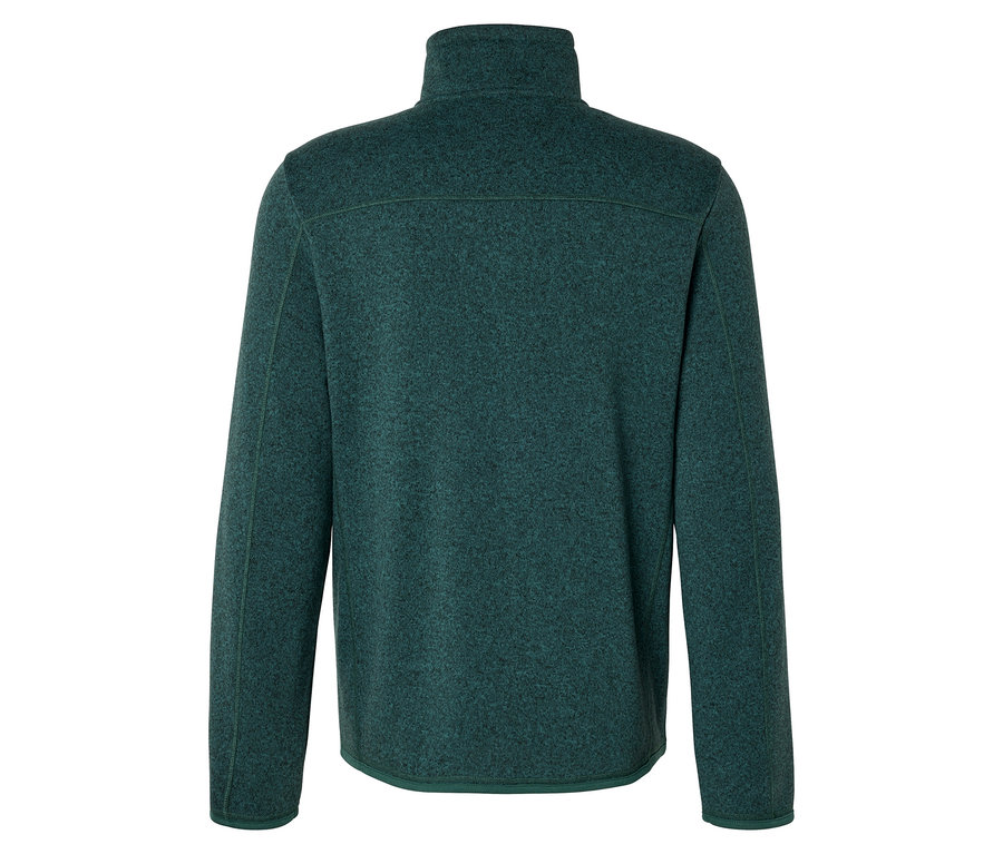 Rückansicht eines grünen Fleece-Pullovers mit kurzem Reißverschluss und Stehkragen.