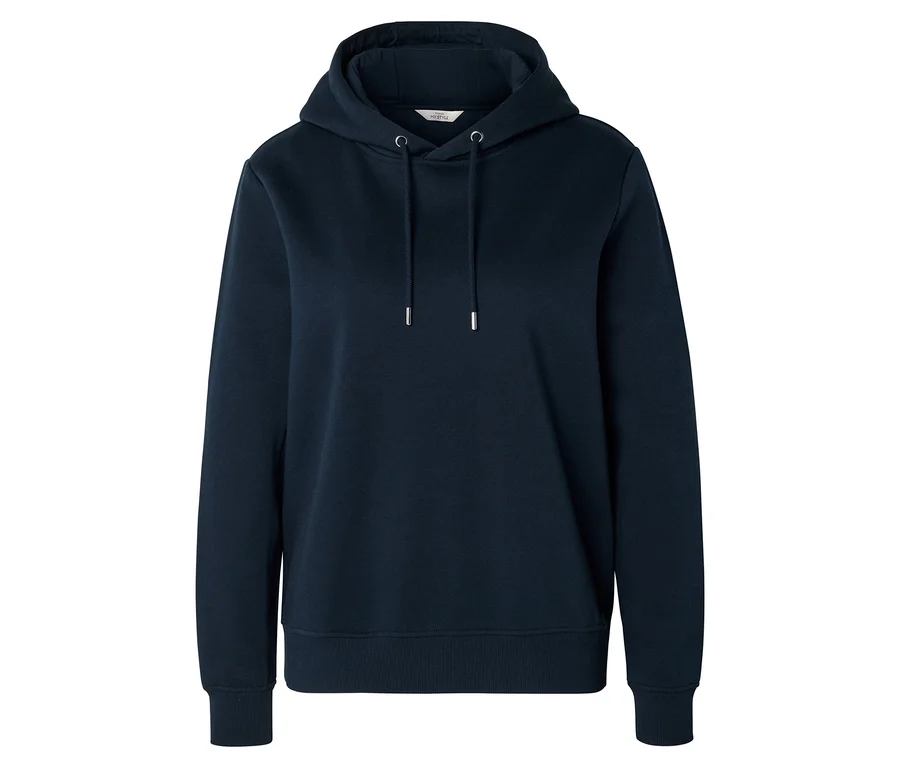 Dunkelblauer Hoodie mit Kapuze, Kordelzügen mit silbernen Enden, gerippten Bündchen und Saum, auf weißem Hintergrund.