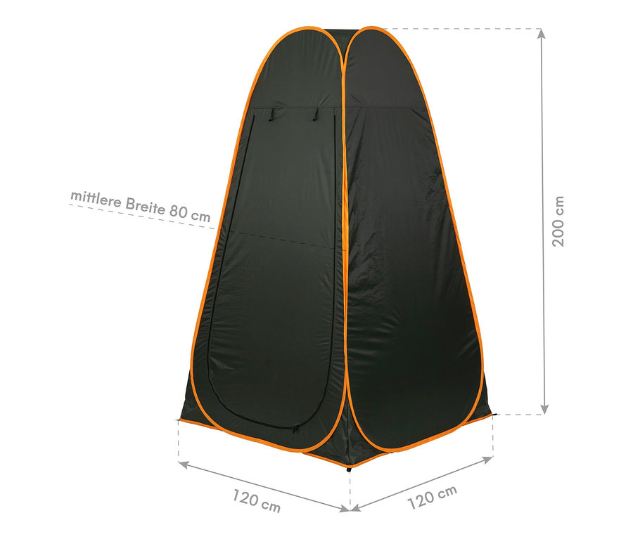 Dunkelgrünes mobiles Dusch- und Umkleidezelt mit orangefarbenen Akzenten, 200 cm hoch, 120x120 cm Basis und 80 cm mittlere Breite.