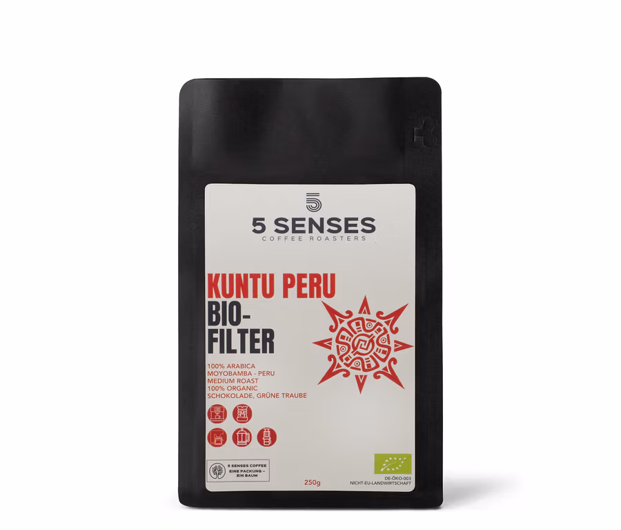 Eine 250-g-Packung 5 Senses Kuntu Peru Bio-Filterkaffee - Ganze Bohne.