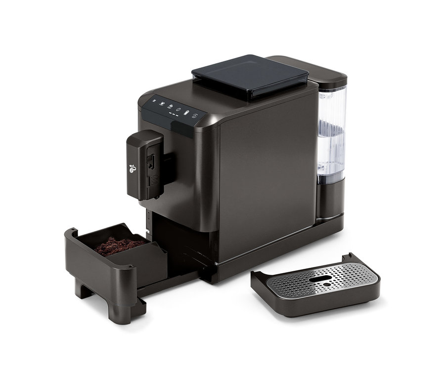 »Esperto 2 Milk« Granite Black Kaffeemaschine mit abnehmbarer Tropfschale und Kaffeesatzbehälter.