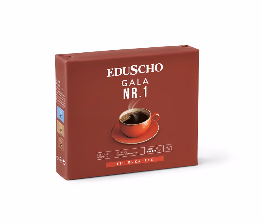 Packung Eduscho Gala Nr. 1 gemahlener Kaffee mit Kaffeetasse.