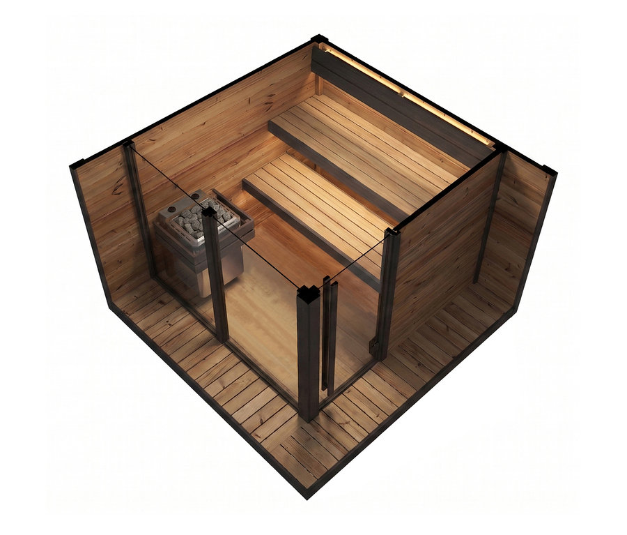 Kompaktes Weka Thermoholz-Saunahaus Viira Gr. 2 mit Holzwänden und -boden, zwei Bänken, einem Ofen mit Steinen und einer Glasfront mit Tür.