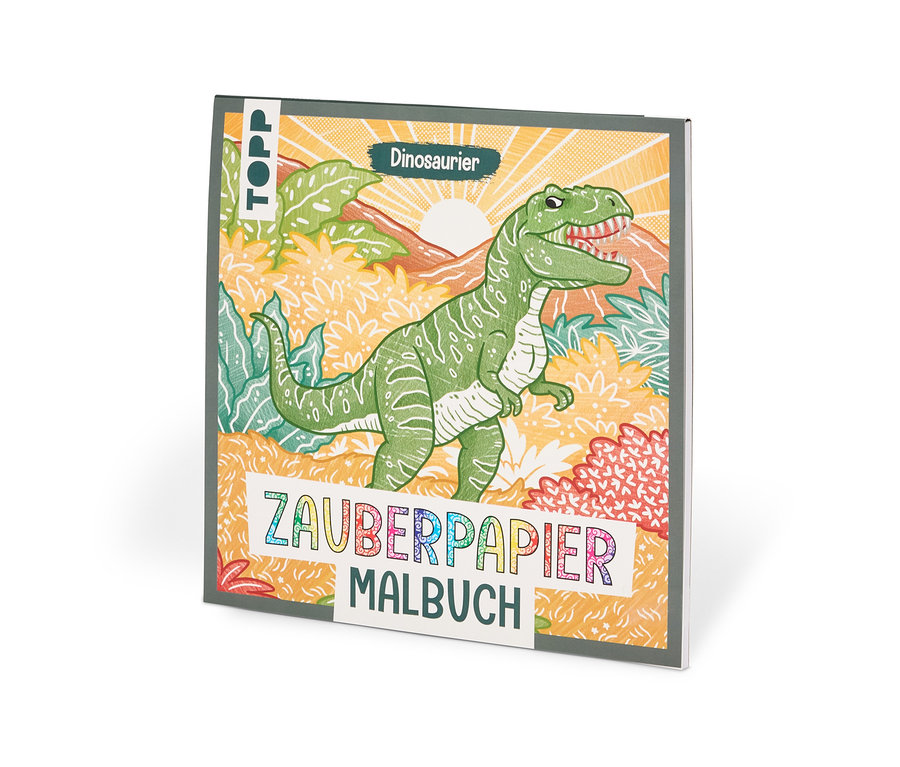 Zauberpapier Malbuch Dinosaurier von TOPP mit grünem T-Rex in Dschungelszene auf dem Cover.