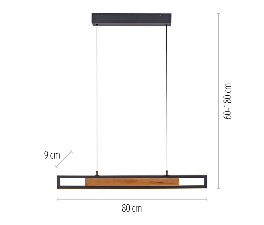 Rechteckige Pendelleuchte aus schwarzem Metall und Holz, 80 cm lang, 9 cm breit, höhenverstellbar von 60-180 cm.