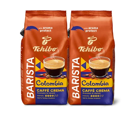 Zwei Packungen Tchibo Barista Colombia Caffè Crema, aromatisch und lebendig, mit Aroma Schutz.