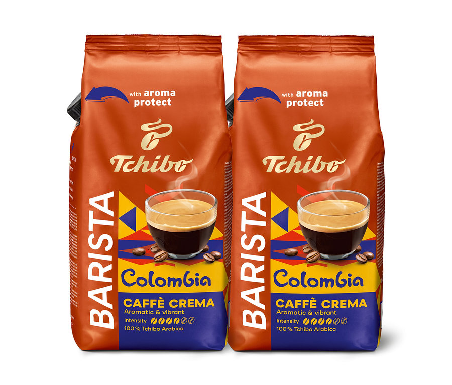 Zwei Packungen Tchibo Barista Colombia Caffè Crema, aromatisch und lebendig, mit Aroma Schutz.