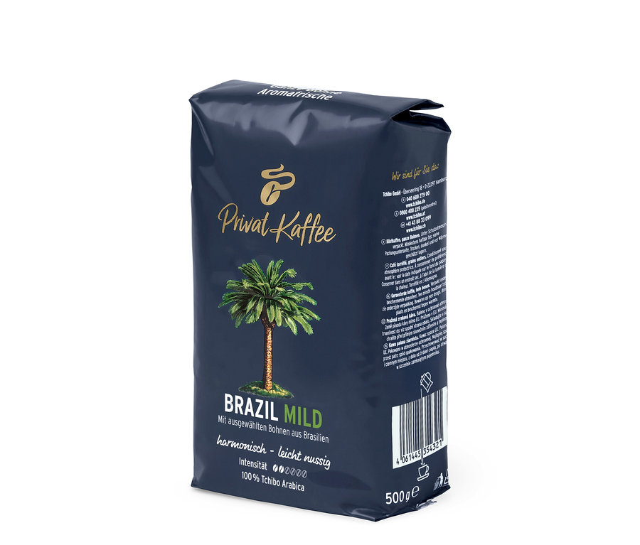 Eine Packung Privat Kaffee Brazil Mild, 500 g, ganze Bohne.
