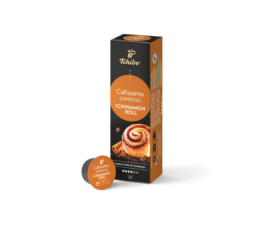 Eine Packung Cafissimo Flavoured Espresso Cinamon Roll - 10 Kapseln, mit einer einzelnen Kapsel daneben.
