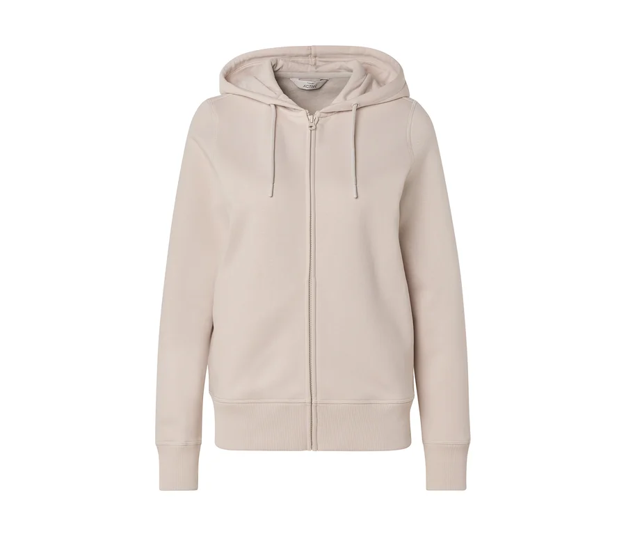Beige Kapuzenjacke mit Reißverschluss und Kordelzug an der Kapuze.