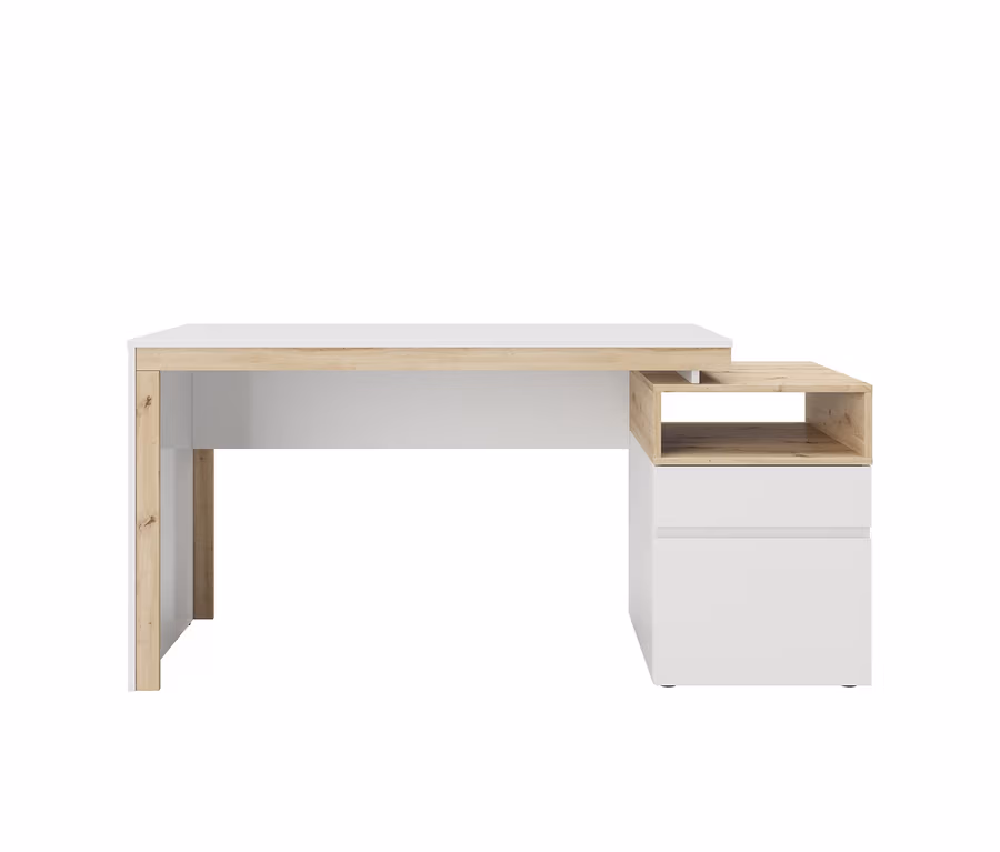 Weißer und hellbrauner Schreibtisch mit Schubladen und Ablagefächern.
