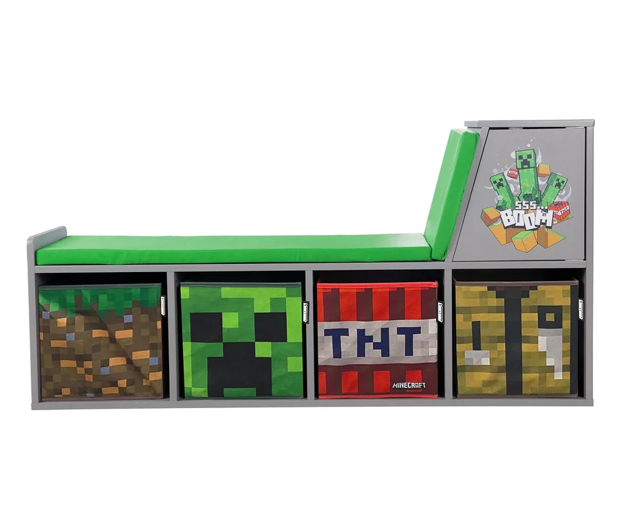 Graue roba Minecraft Sitzbank und Leseregal mit Minecraft-Motiven.