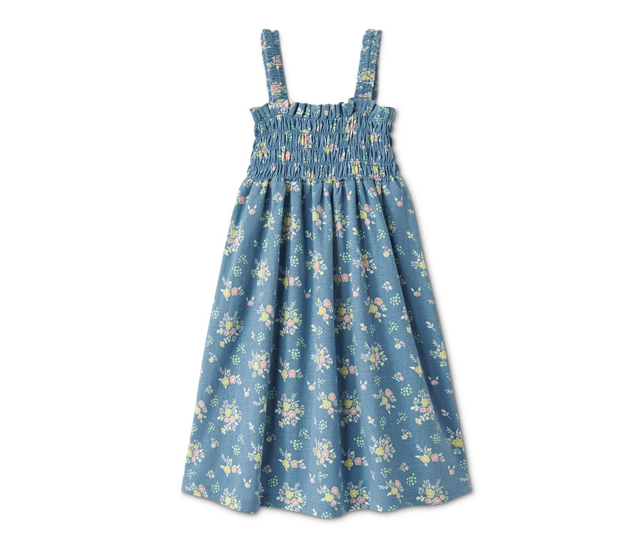 Blaues Trägerkleid mit Blumenmuster.