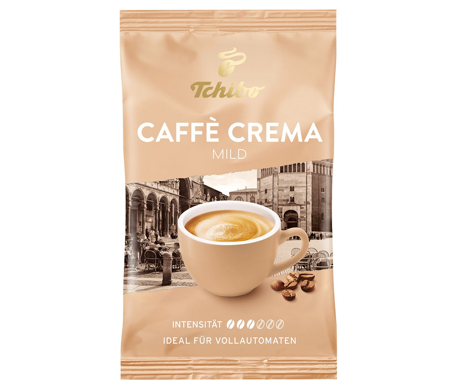 Packung Caffè Crema & Espresso Probierset - 4x 100 g Ganze Bohne mit Tasse Kaffee und Kaffeebohnen.