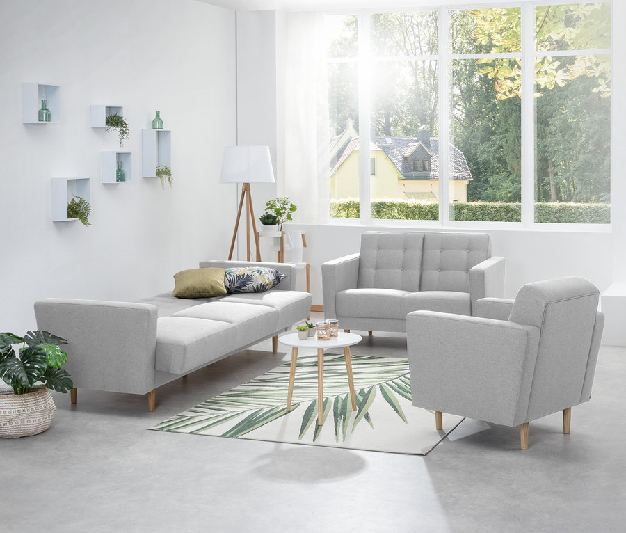 Heller Raum mit grauem 3-Sitzer-Schlafsofa »Janny«, 2-Sitzer-Sofa und Sessel »Janny« von Max-Winzer®.