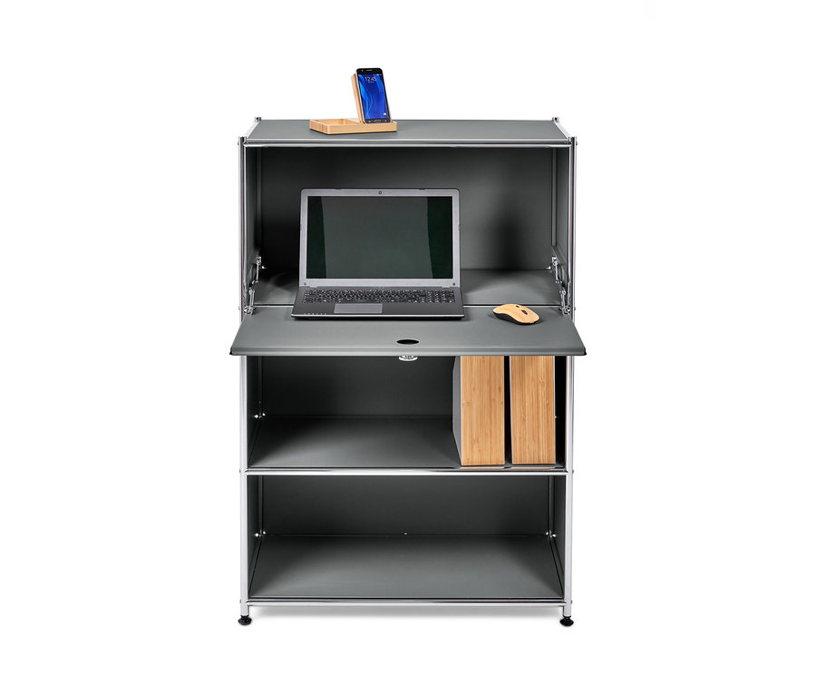 Grauer Sekretär Metall »CN3« mit Laptop, Handy und Maus.