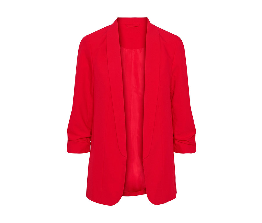Roter Blazer mit gerafften Ärmeln.
