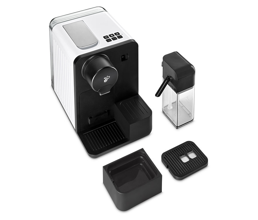 Eine weiße Cafissimo Milk Kaffeemaschine und Zubehör.