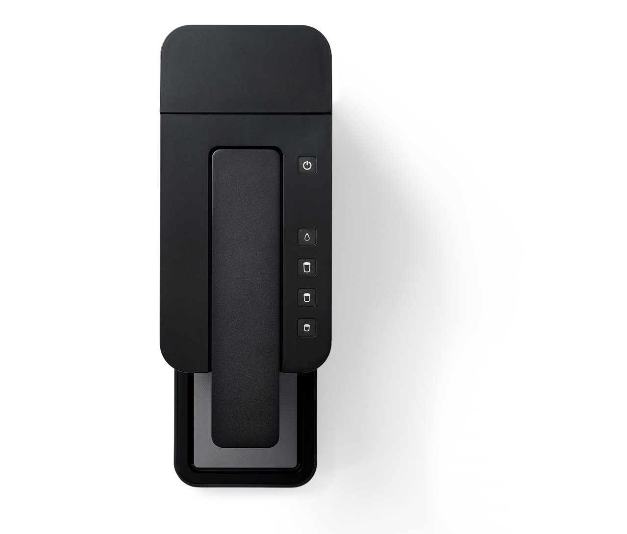 Draufsicht auf eine schwarze Qbo ICONIC Dark Chrome Kaffeemaschine auf weißem Hintergrund.