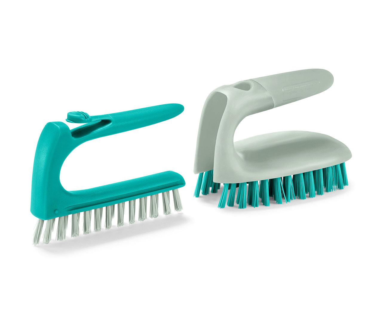 Zwei 2-in-1-Fliesen-Bodenbürsten. Eine ist türkis, die andere grau.