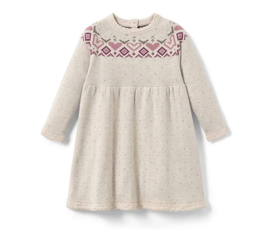 Kinder-Strick-Kleid mit Norwegermuster aus Herzen und Rauten.
